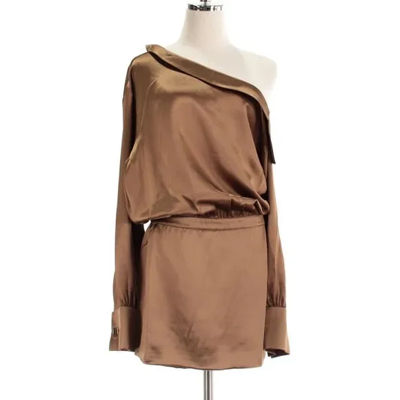 Retrofete | Dresses | Retrofete Nwd Elio One Shoulder Long Sleeve Satin  Mini Dress Size M Cognac Brown | Poshmark